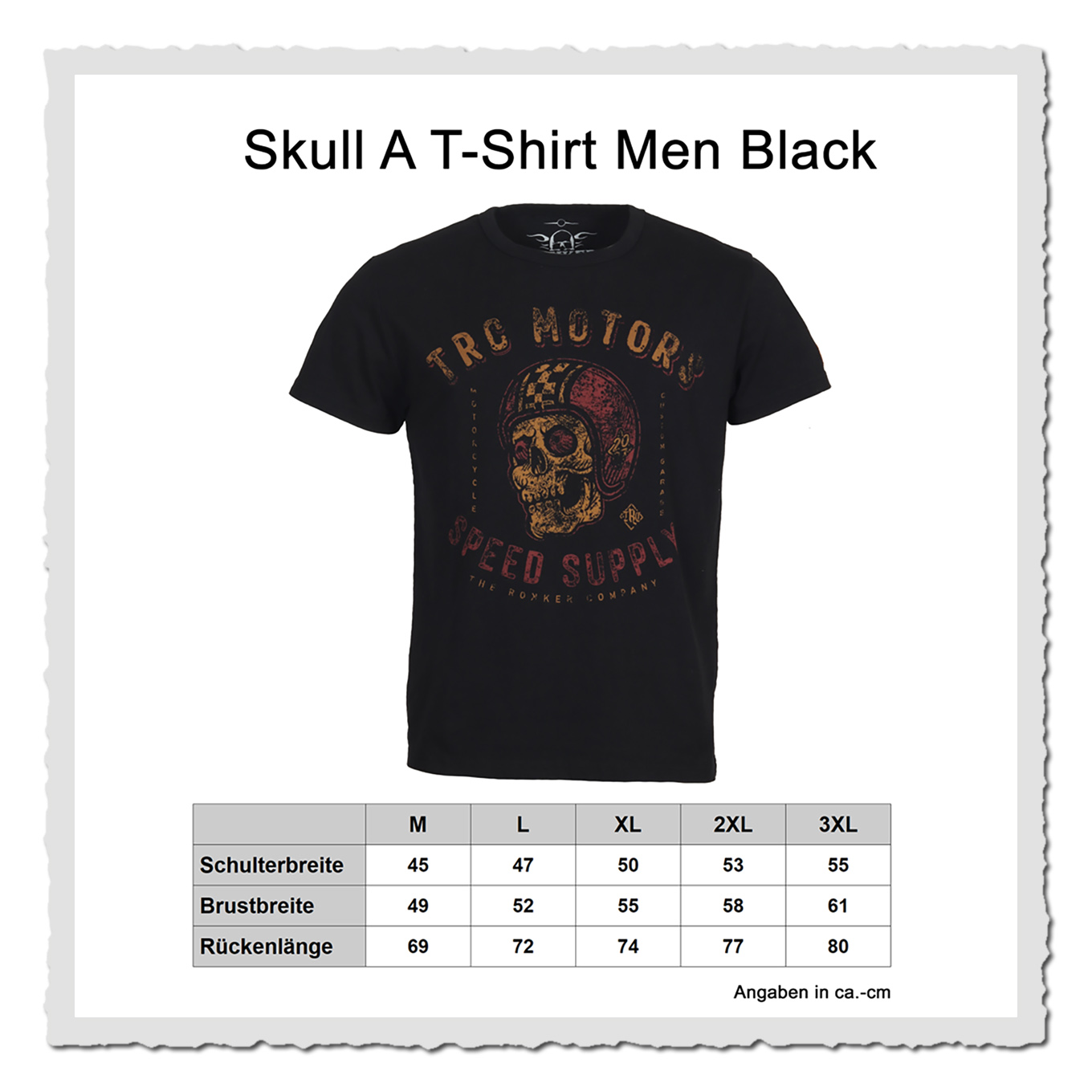 Schwarzes T-Shirt mit Frontmotiv über Größentabelle, helle Fläche und große schwarze Überschrift.